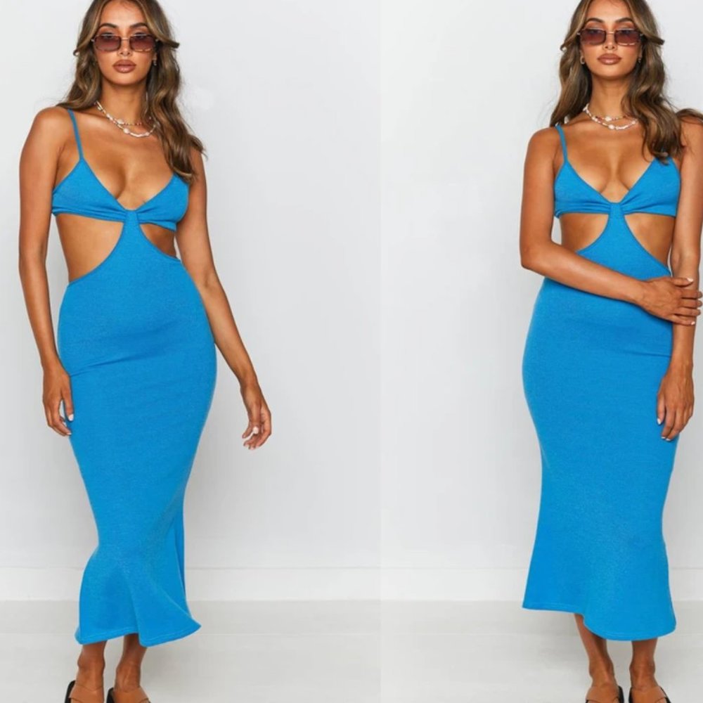 blue cut out midi dress